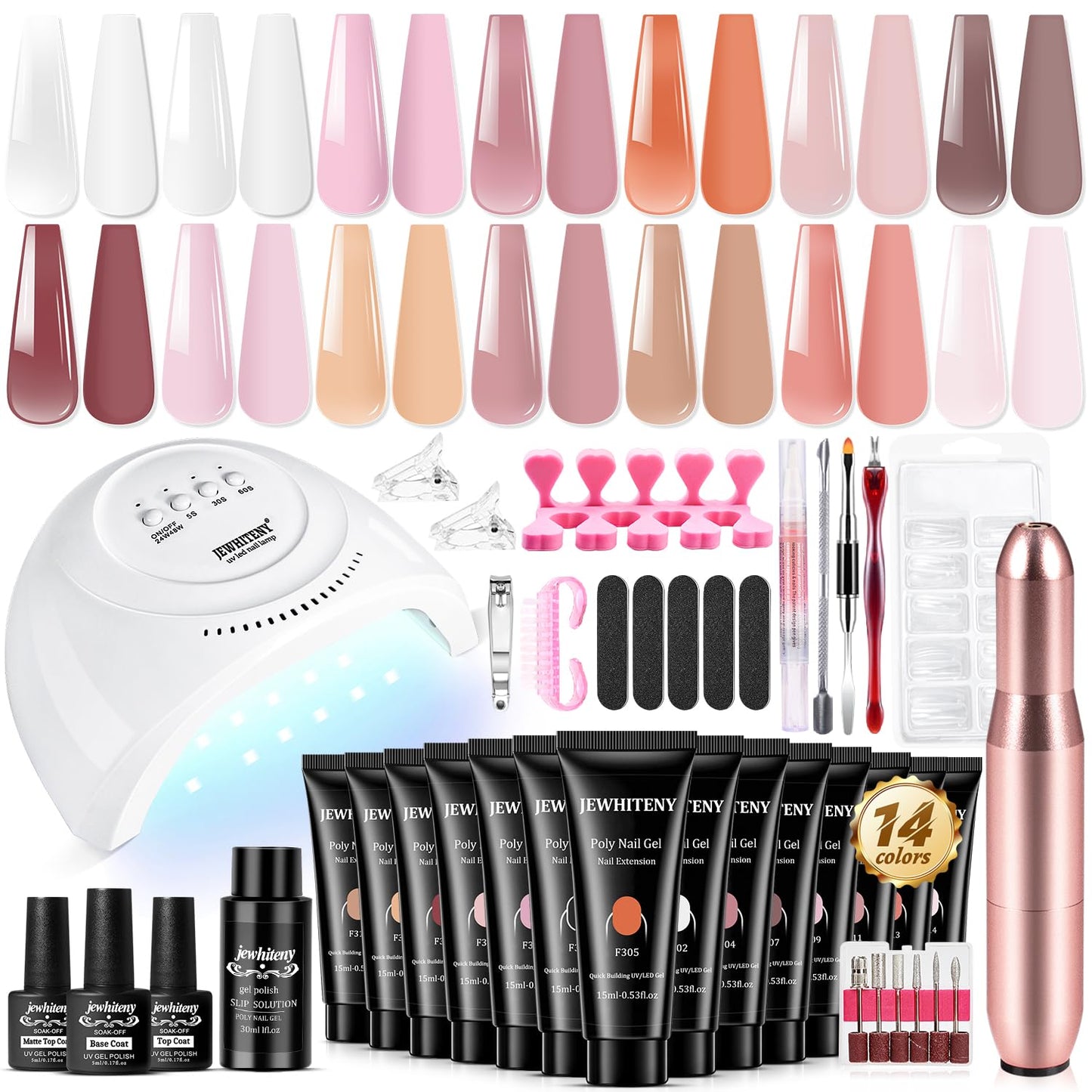 14-Piece Poly Gel Nail Extension Kit - Complete Set with Drill Machine & UV Light | Ideal Starter Kit