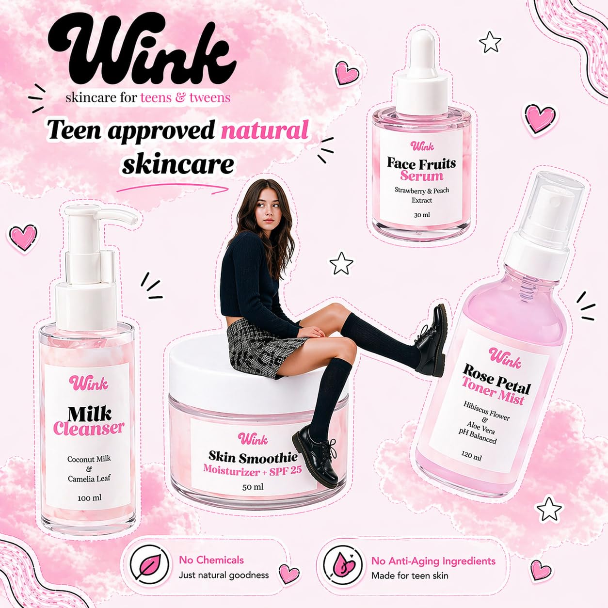 Wink Skin Care Kit for Teens - Plant-Based 4-Piece Facial Set with Cleanser, Toner, Serum & SPF Moisturizer | Ideal for Girls & Tweens
