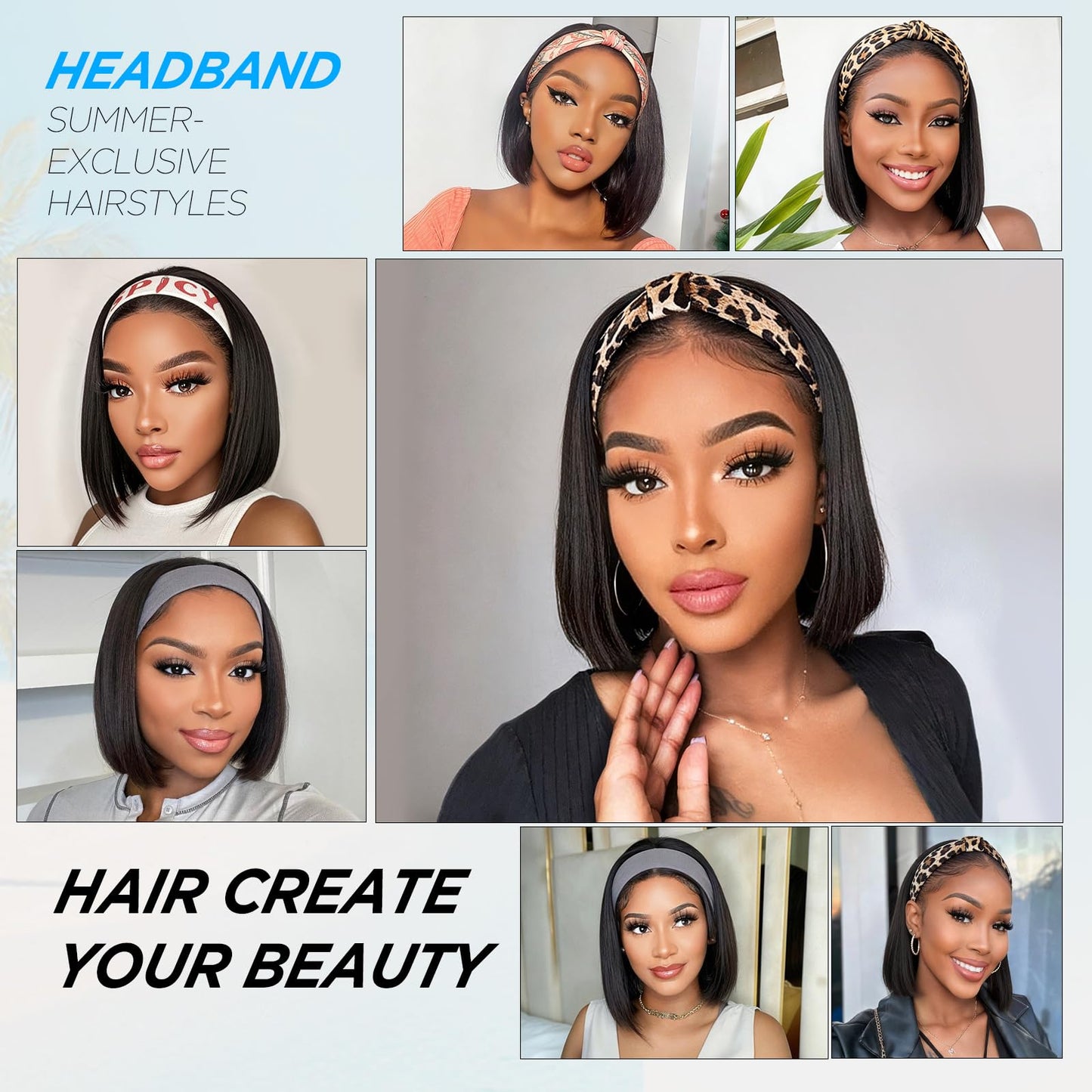 AISI Headband Wigs Human Hair Bob Headband Wig for Black Women with Leopard Print Headband Easy Put On and Go Glueless Wig Straight Wigs Machine Made 180% Density No Lace Wig Natural Color (10 Inch)