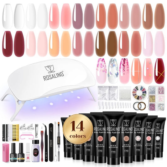 ROSALIND Poly Nail Gel Kit for Beginners - 28 Colors Extension Gel Set with UV/LED Nail Lamp, 72 Accessories (Base/Top Coat, Nail Forms, Tools), Long Lasting Salon Kit for DIY Manicure