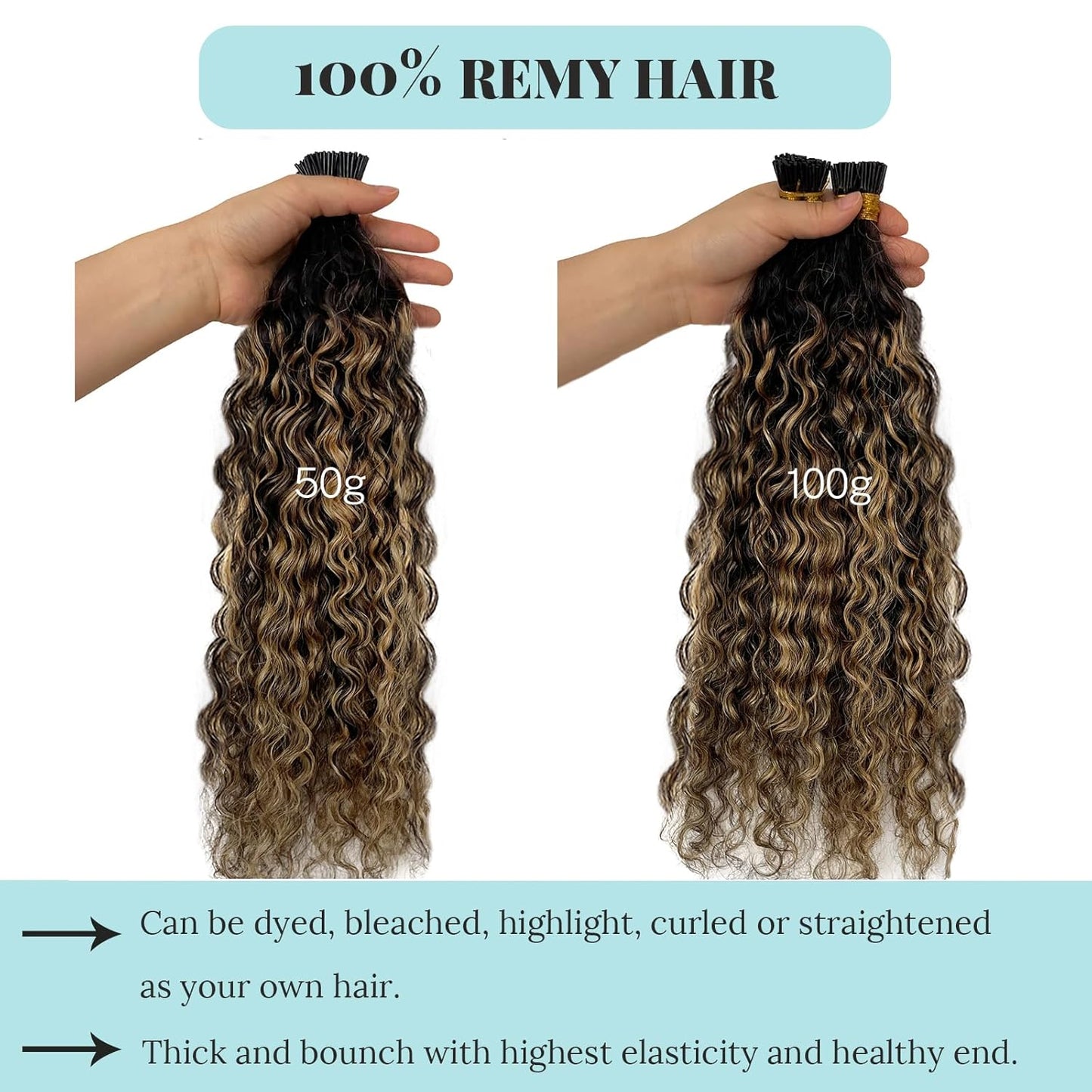 I Tip Hair Extensions Human Hair, Ombre Itip Human Hair Extension 100s Water Wave Natural Black Ombre Caramel Brown I Tip Hair Extensions Real Human Hair for Short Hair 50g 16"