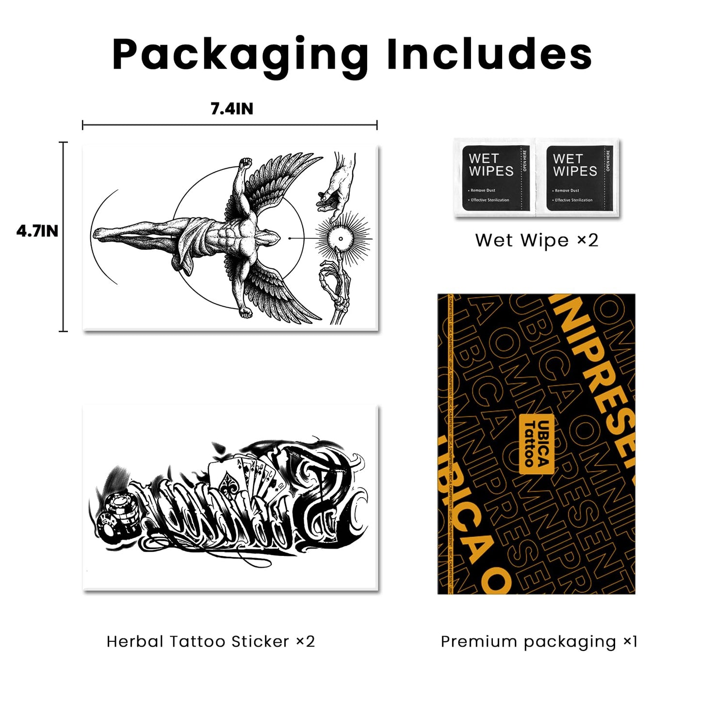 UBICA Semi Permanent Tattoos, 2 Sheets Large Realistic Temporary Tattoos for Men, Fake Tattoos for Arm Back, Waterproof, No Reflective, Lasts 1-2 Weeks (Mythical Angel Wing & Cards Win Designs)