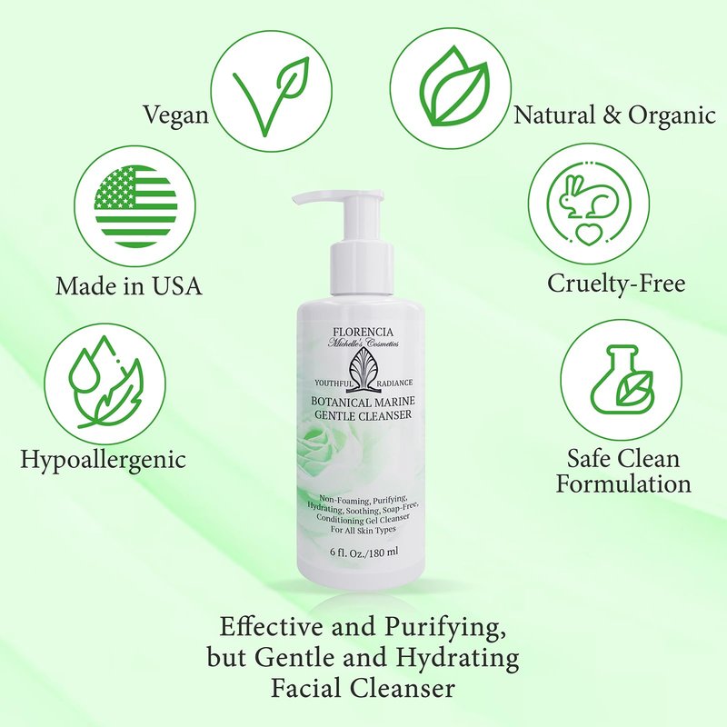 Florencia Botanical Marine Gentle Cleanser – Non Foaming Hydrating Purifying Face Wash with Marine Algae Seaweeds and Organic Botanicals for Dry Normal and Sensitive Skin – 6 Fl Oz