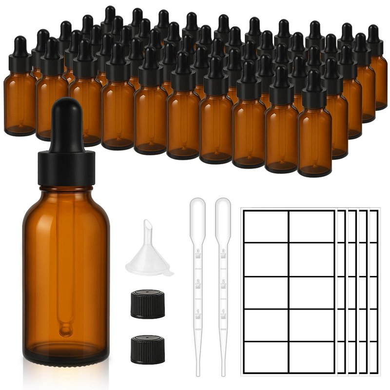 UPBUD 50 Pack 1oz Amber Glass Dropper Bottles Leakproof with Funnels, Eye Droppers, Extra Caps, Labels - Refillable UV 30ml Empty Bottles for Tinctures, Essential Oils, Perfume, Beard, Hair Oil