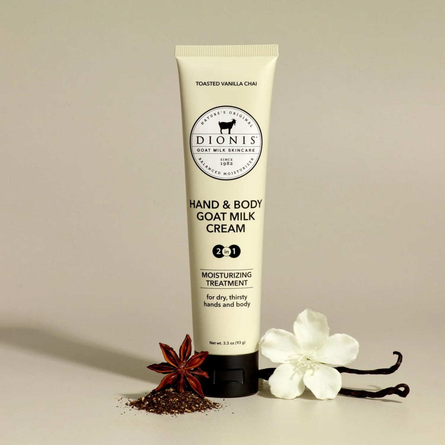 Dionis Goat Milk Skincare Bundle - Vanilla Chai Hand & Body Cream (3.3 oz Travel Size) & Body Lotion (8.5 oz Full Size), Moisturizing Set for Dry and Sensitive Skin, Cruelty-Free and Paraben-Free