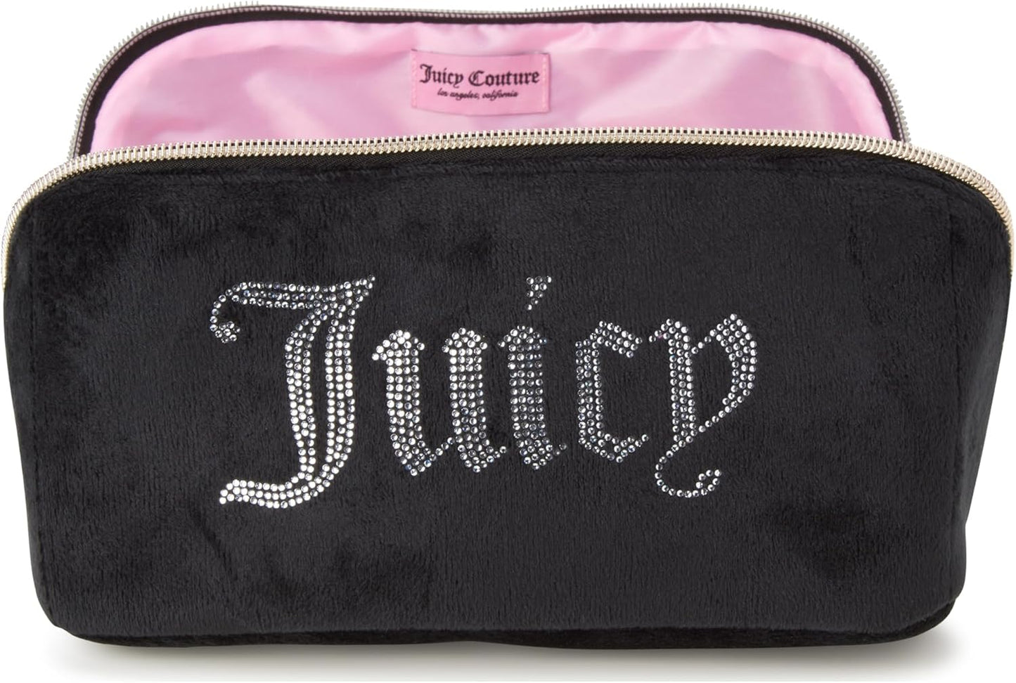 Juicy Couture Black Makeup Bag - Velour Cosmetics Organizer with Rhinestone Gold Handle | Travel Essentials