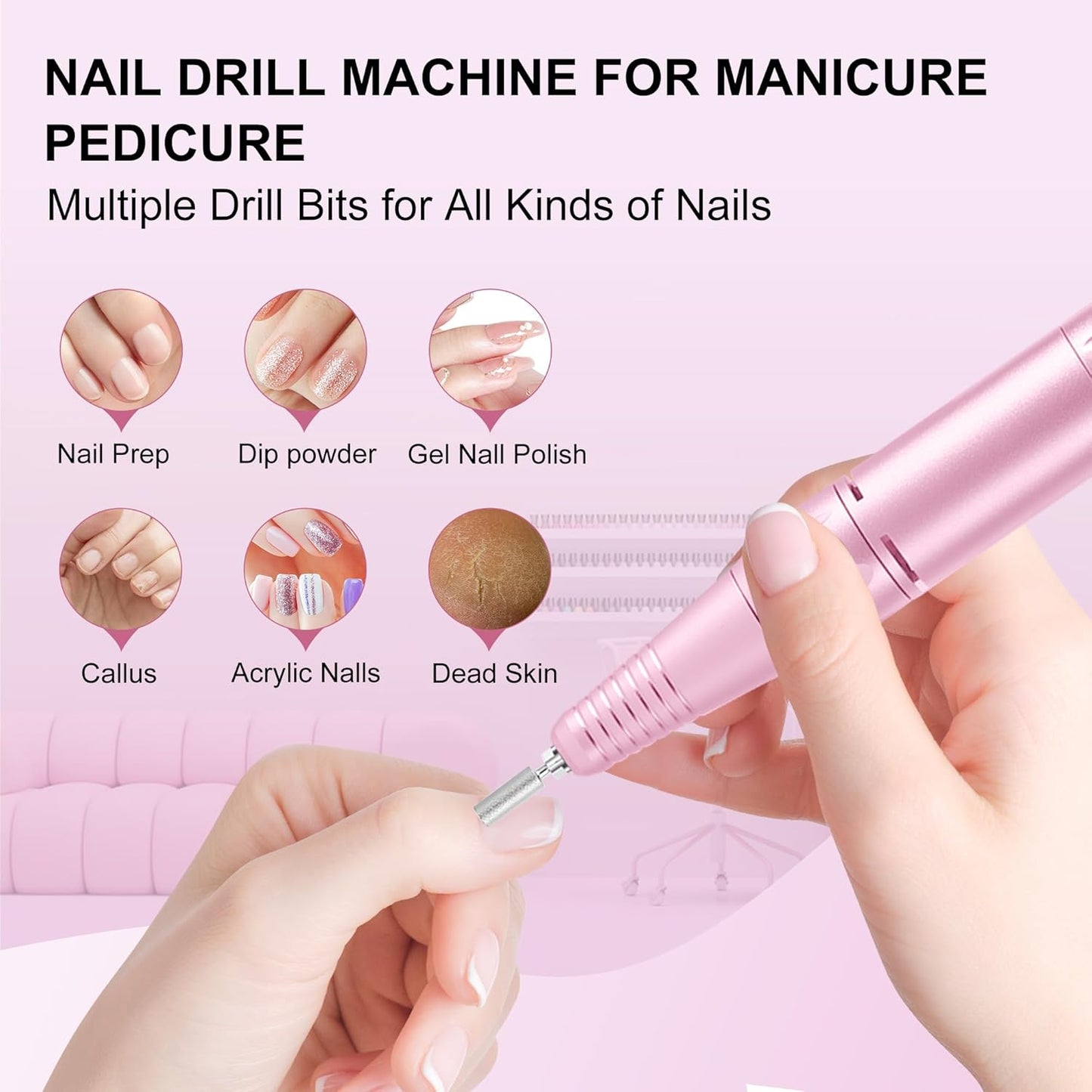 Professional Electric Nail Drill - COSYGLOW Glitter Cordless E-File Kit with 11 Bits | 30000 RPM Rechargeable for Acrylic Nails (Pink)