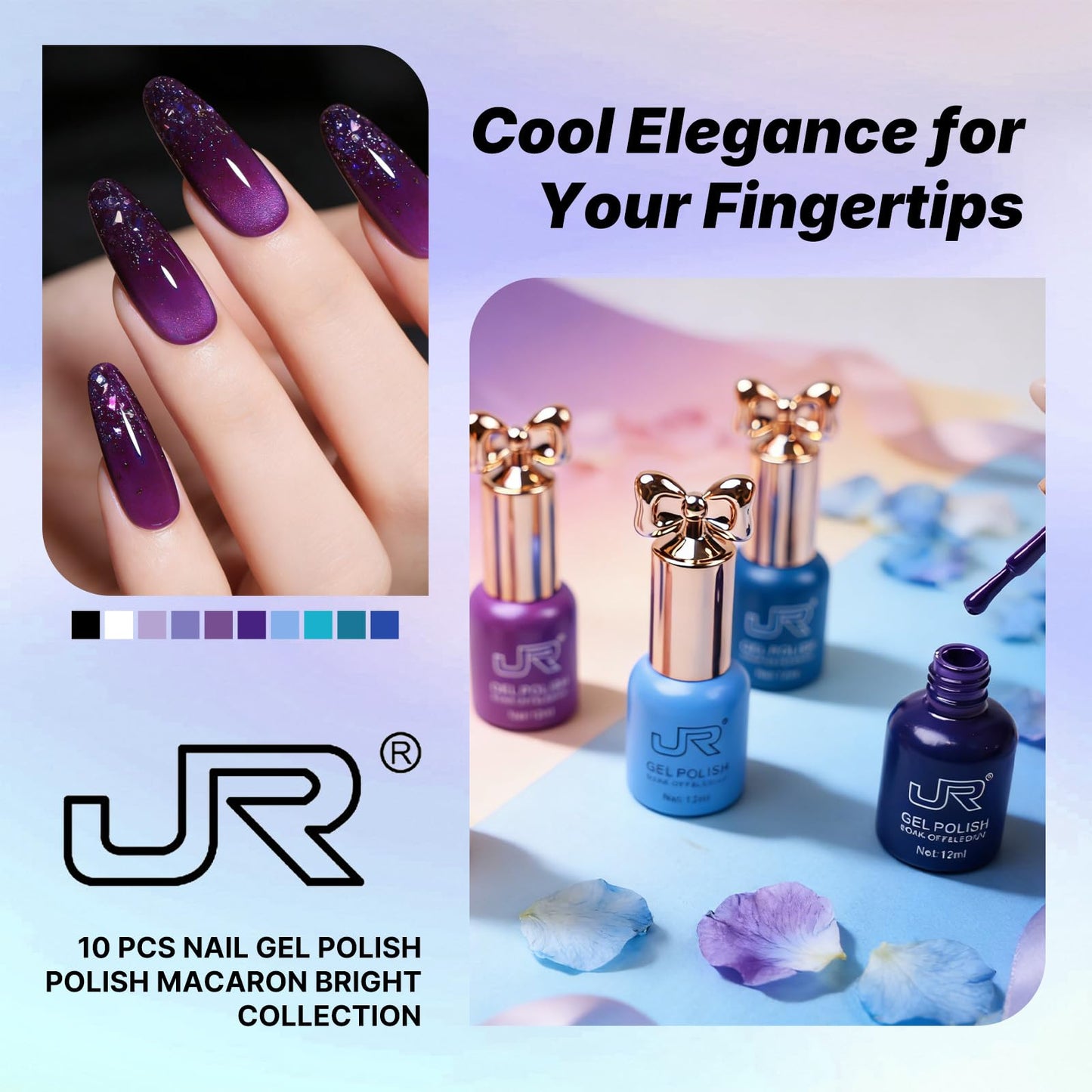JR 10pcs 12ml Gel Nail Polish Set Blue Purple Gel Polish Set Semi Cured Long Lasting Vegan Chip-Resistant Soak off Nail Polish Gel Purple Gel Polish Gifts for Women F