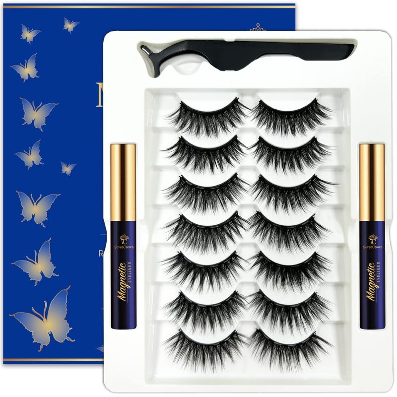 Magnetic Eyelashes - 7 Pairs Reusable Cat-Eye Lashes with Magnetic Eyeliner & Applicator | Long-Lasting, Cruelty-Free