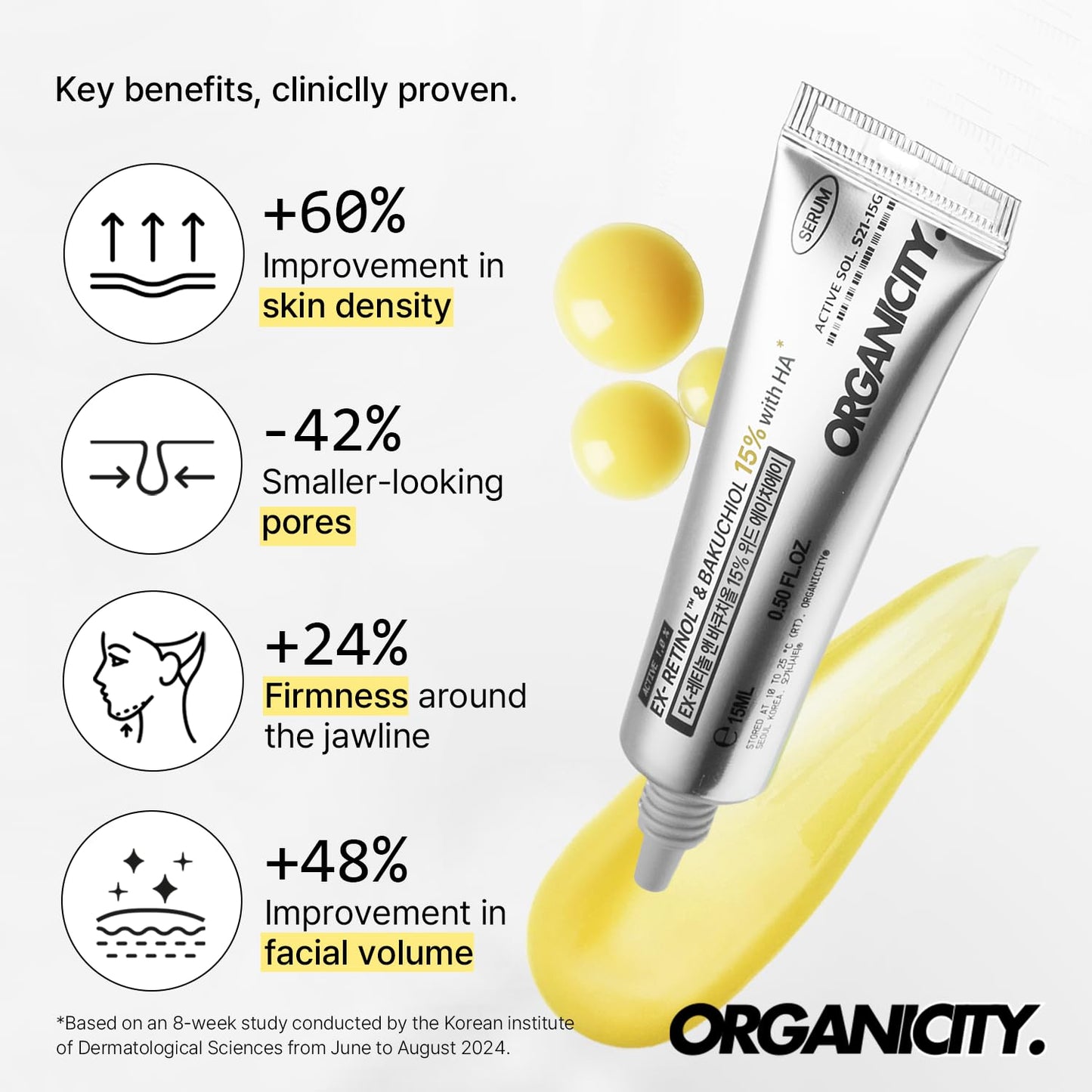 Organicity EX-Retinol & Bakuchiol 15% Facial Serum 0.5 Fl Oz | with Retinoid 1%, NAD+, EGF Peptides, Vitamin, Dexpanthenol | Korean Skin Care | for Firming and Lifting | Fragrance-Free Clean Formula
