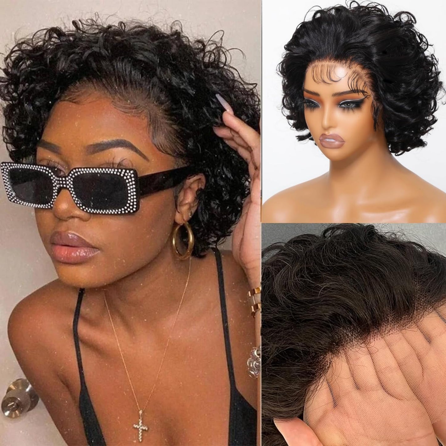 Msviki 200% Density Pixie Cut Wig Human Hair Free Part 13X1 Lace Front Wigs Human Hair Short Curly Pre Plucked Water Wave Human Hair Wig With Baby Hair Wear and Go Glueless Bob Wigs For Black Women