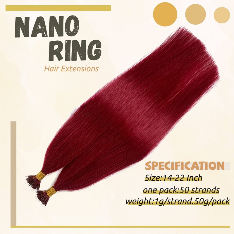 #99J Nano Tip Hair Extensions Human Hair for Women,Burgundy Nano Ring Hair Extensions 18 Inch Color #99J Wine Red Hair Extension 100% Natural Human Hair Extensions 50g/50s