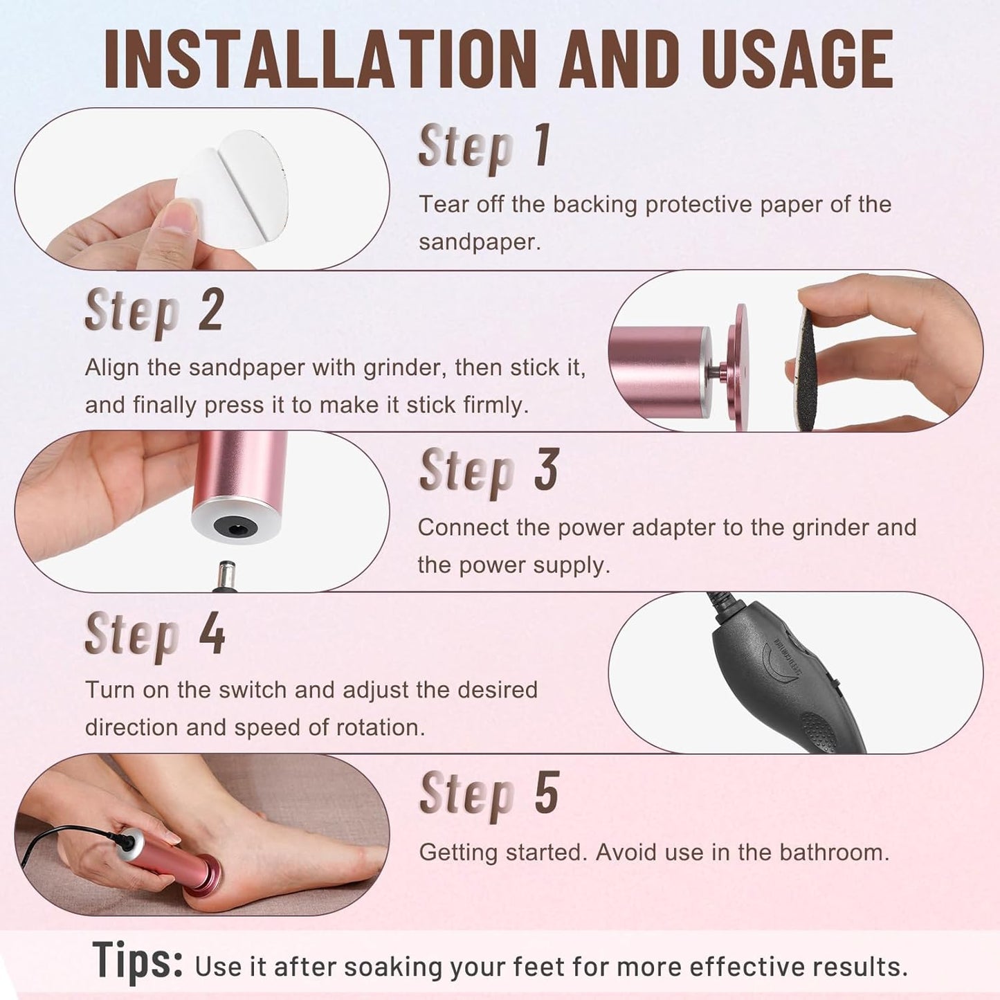 Professional Electric Foot File Callus Remover - Pedicure Tool with 60 Sandpaper Discs for Smooth Feet