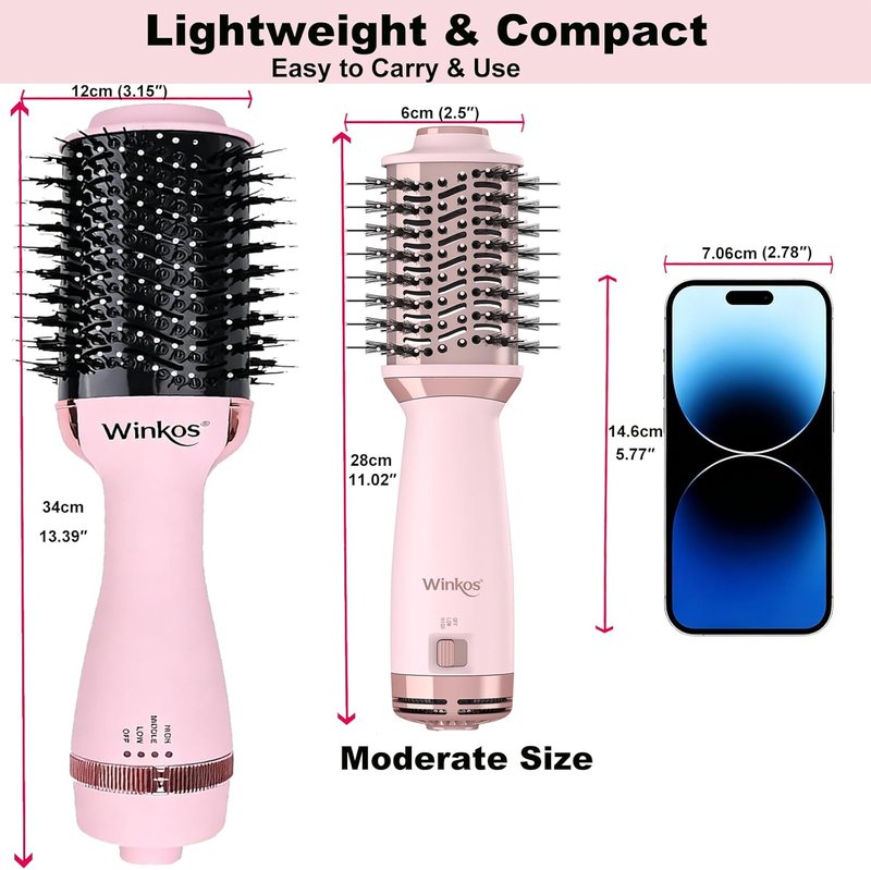Travel Dual Voltage Hot Air Brush - 4 in 1 Mini Hair Dryer & Volumizer | 2 Inch Brush with Global Adapter & Storage Bag