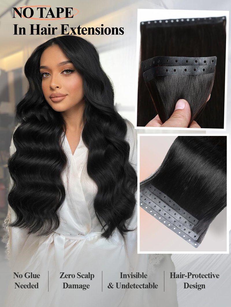 Remy Human Hair Extension Micro Ring PU Hair Extensions Invisible Beaded Weft Hair Extensions Human Hair Tape in Weft in Hair Extension Human Hair for Women Natural Black (30g 4Pcs,14 Inch)