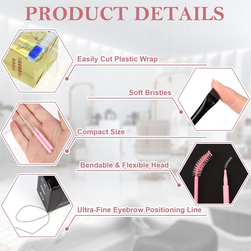 68 Pcs Brow Lamination Supplies with Eyebrow Tattoo Plastic Wrap Brow Mapping String Angled Flat Eyeliner Brush Disposable Micro Eyebrow Spoolies Lip Brush Swabs for Eyebrow Lift Tint