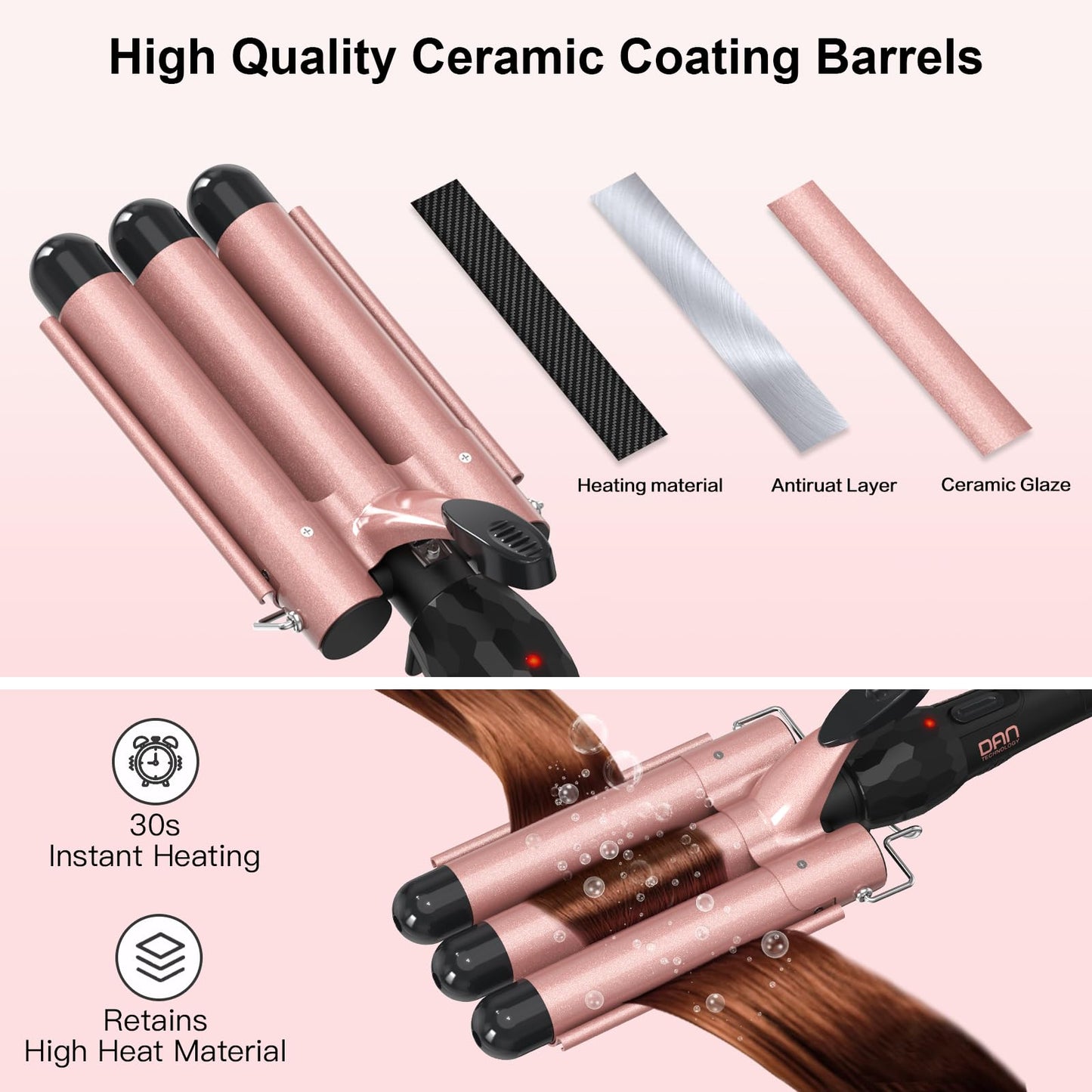Hair Crimper 1 Inch, 2 Heat Settings 320°F/410°F, Ceramic Triple Hair Waver for Beach Waves, Dual Voltage 110-240V, Auto Shut-Off, Glove Included, Rose Gold