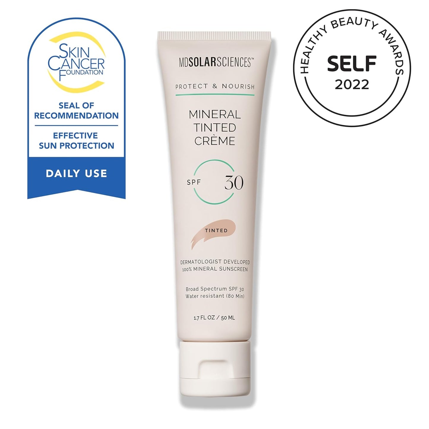 MDSolarSciences Mineral Tinted Crème Sunscreen SPF 30 - Water-Resistant Zinc Oxide Formula | Natural Matte Finish | 1.7 Fl Oz