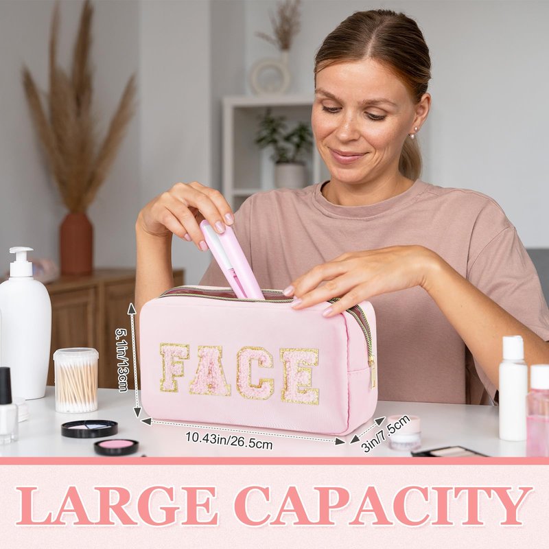4 Pcs Travel Toiletry Bags for Women Preppy Makeup Bags Organizer Face Skin Hair Stuff Chenille Letter Pouch with Zipper Aesthetic Corduroy Skin care Hair Bag for Women Gifts