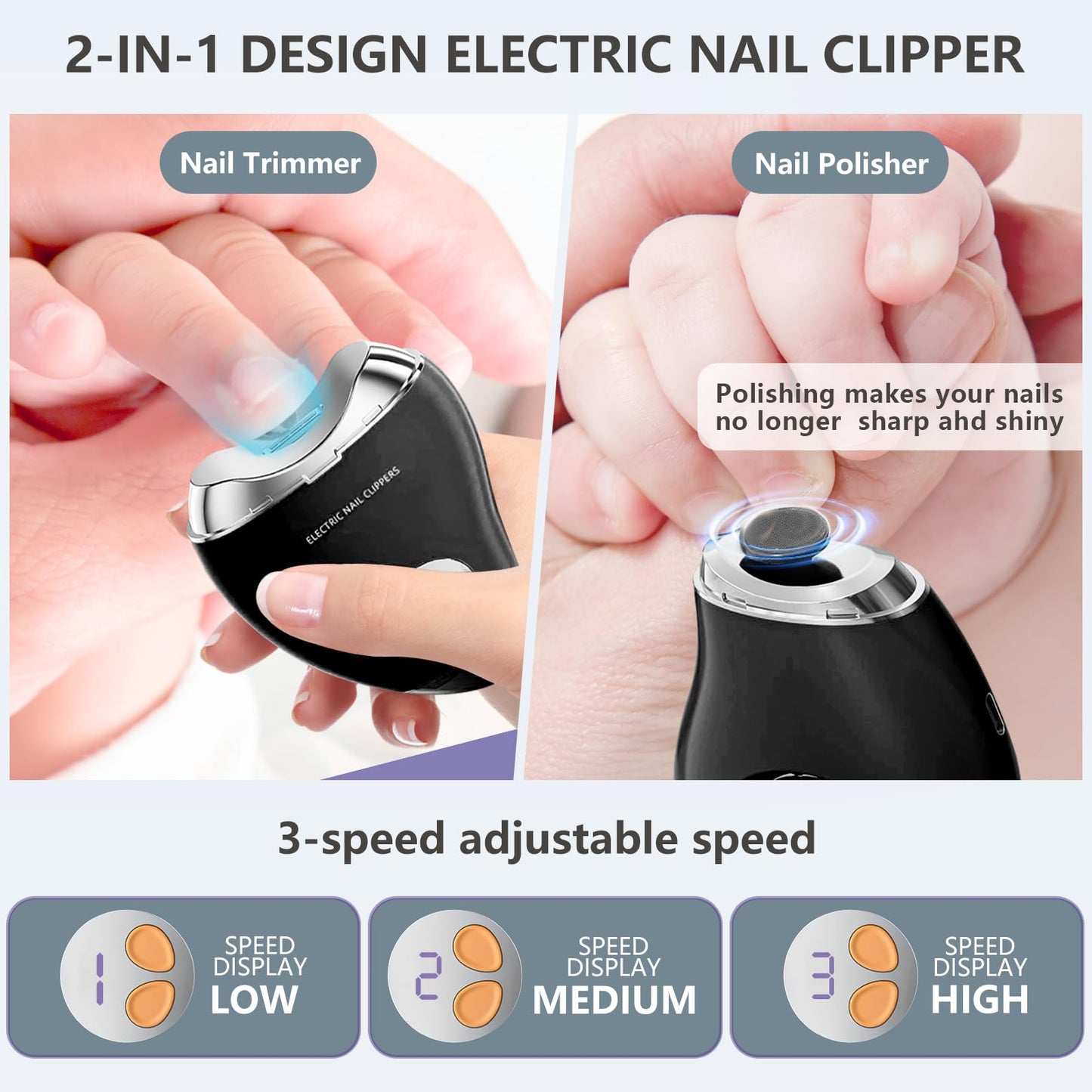 Type-C Rechargeable Electric Nail Clipper with LED Light, 3 Speeds - Safe, Automatic Trimming for Babies, Seniors (Black)