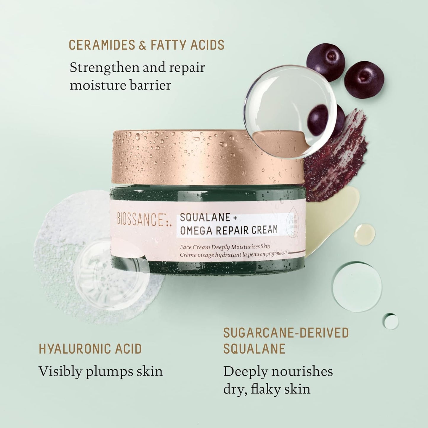 BIOSSANCE Squalane + Omega Repair Cream - Ultra-Moisturizing Face Cream for Dry & Sensitive Skin | Intense Hydration with Hyaluronic Acid & Ceramides