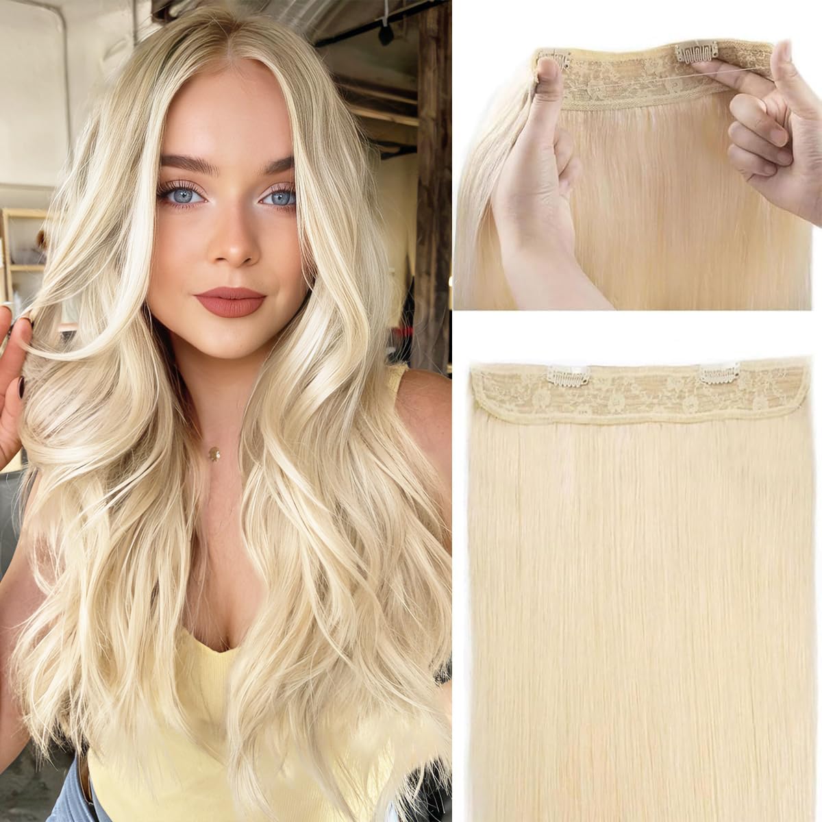 Real Human Hair Wire Extensions - 14 Inch Bleach Blonde Straight Hair | 80g Invisible Fish Line