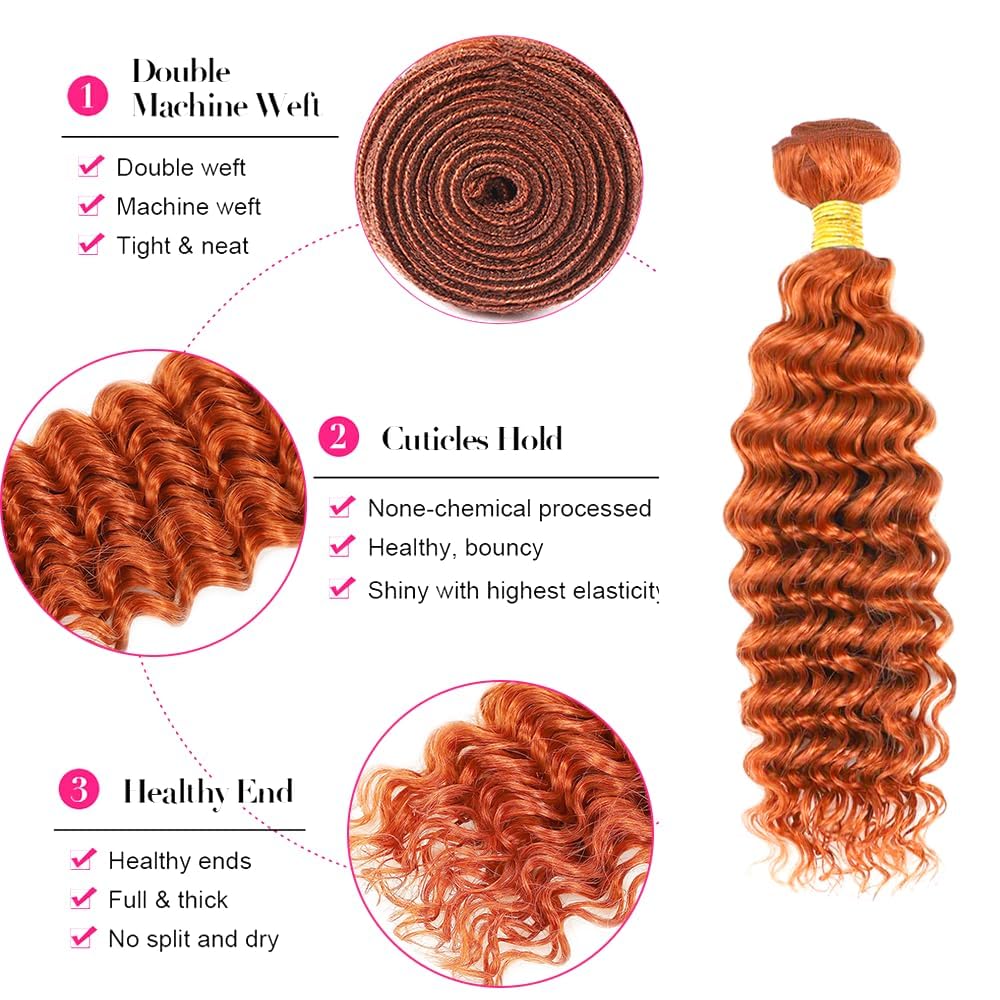 #350 Ginger Orange Bundles Human Hair Deep Wave Human Hair Bundles 12 12 12 Inch Orange Brazilian Hair 3 Bundle Unprocessed Virgin Remy Hair Extensions 50 Gram Per Bundle
