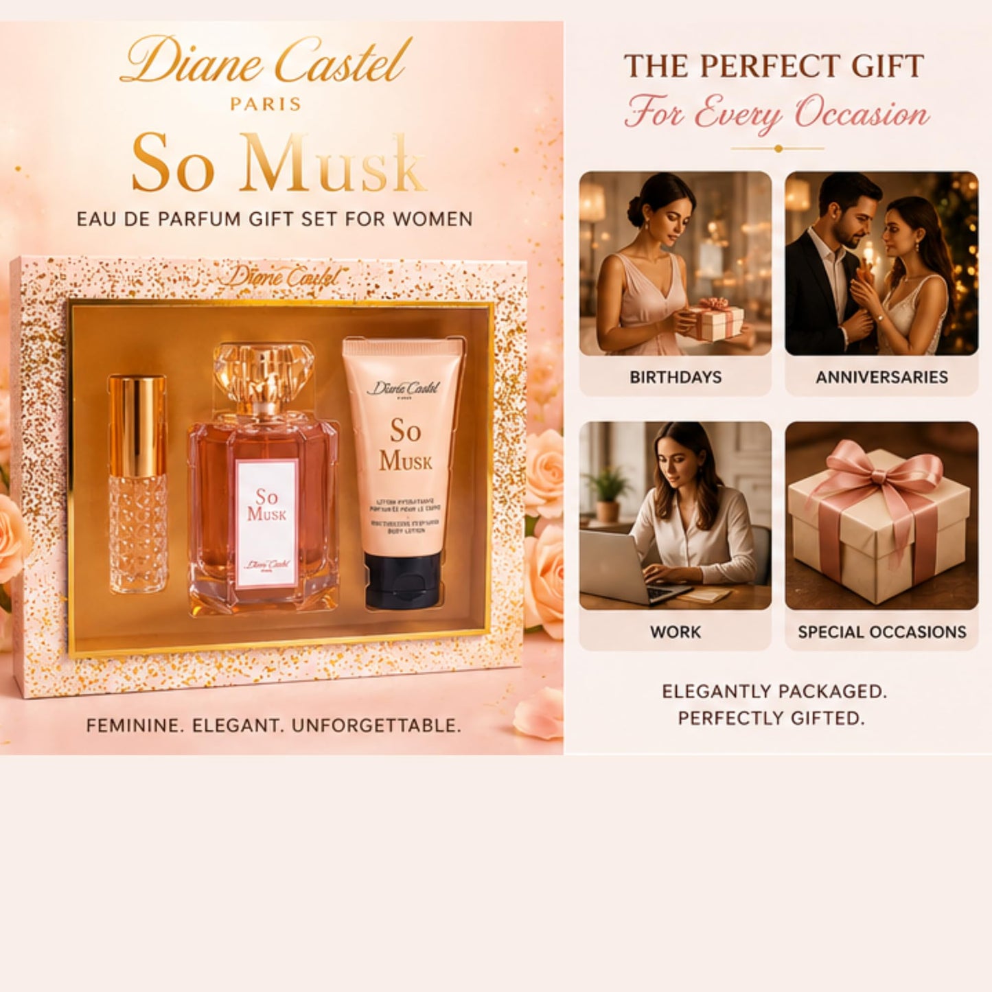 Diane Castel So Musk Gift Set - Musky Floral Scent - Perfume for Women and Body Lotion - Women Perfume with Notes of Orange Blossom, Osmanthus - 3 pc