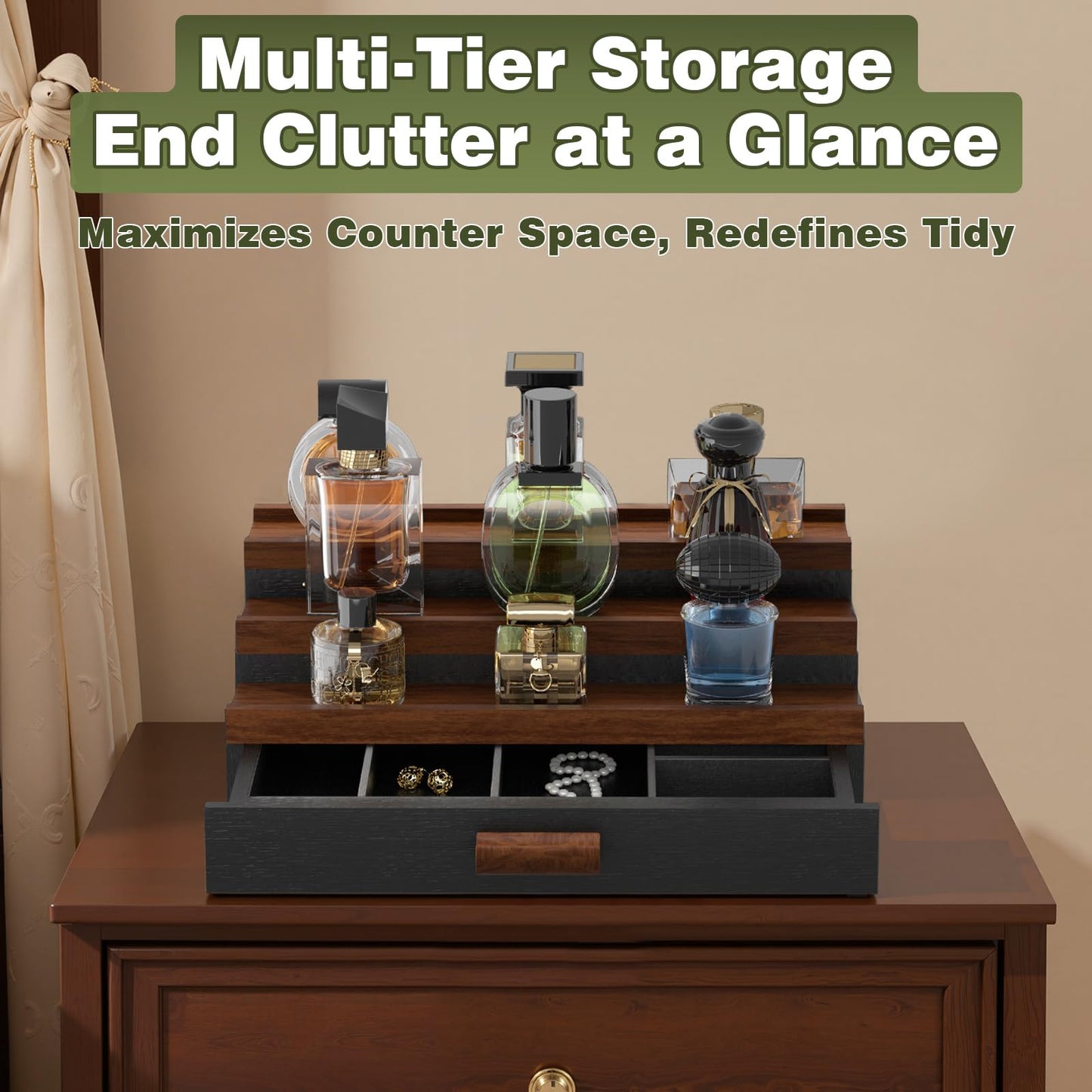 TIRYIUOU Perfume Cologne Organizer for Men: 3 Tier Wooden Perfumes Stand, Desktop Parfum Holder Wood Display Shelf with Cabinet, Bedroom Dresser Makeup Lotion Jewelry Storage Rack with Drawer