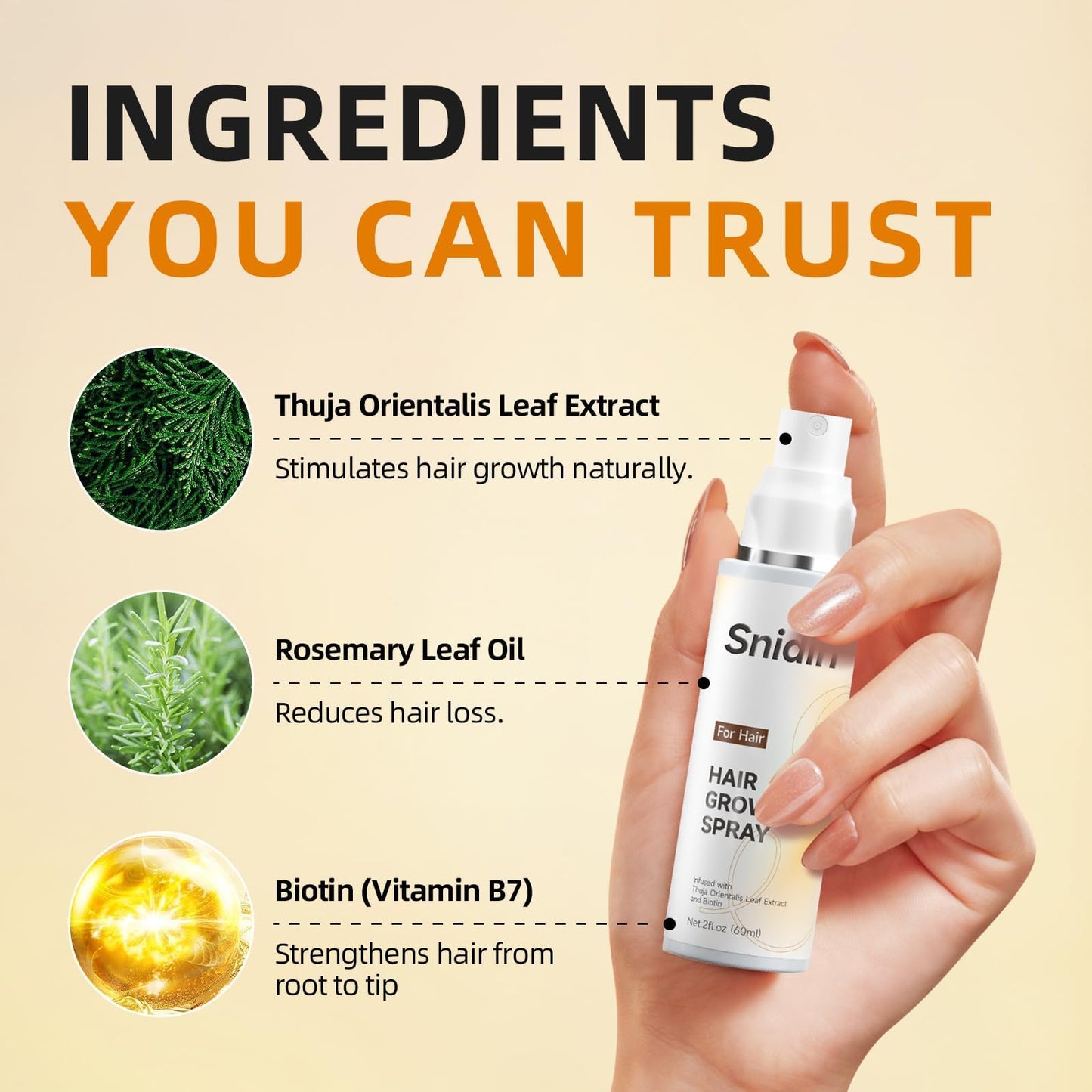 Snidin Hair Growth Spray –Biotin & Rosemary oil -Multi-Effect Scalp Treatment for Thinning Hair – With Ginseng & Arborvitae for Strengthening & Shine – 60ml per Bottle