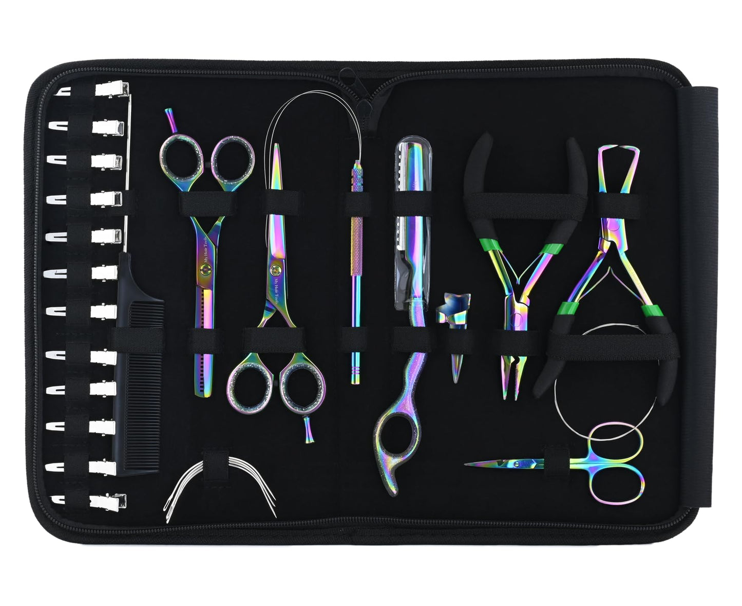 My Hair Tools Hair Extension Tools Kit – Tape-in Press Plier, Keratin Bond Cutter, 3 Hole Nano & Micro Beads Crimping & Remover Pliers, Hair Parting Tool, Mini Scissor, 12pcs Clips & Needles (Black)