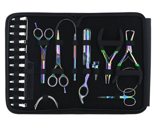 My Hair Tools Hair Extension Tools Kit – Tape-in Press Plier, Keratin Bond Cutter, 3 Hole Nano & Micro Beads Crimping & Remover Pliers, Hair Parting Tool, Mini Scissor, 12pcs Clips & Needles (Black)