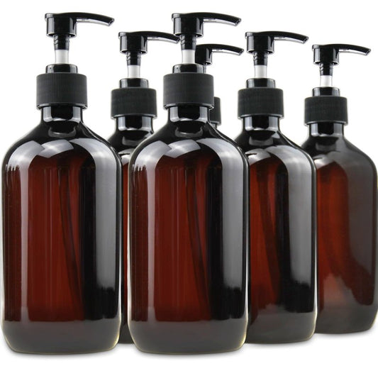 Empty Plastic Bottles with Pump Dispenser, 500ml/16.9oz (Amber, 6 Pack)