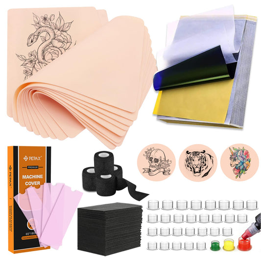614PCS Tattoo Practice Skin Kit for Beginners - Professional Tattoo Training Set with 10 Realistic Fake Skin, 50 Transfer Paper, 300 Ink Cups, 200 Machine Covers, 4 Grip Tape & 50 Dental Bibs