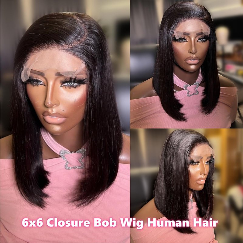 Keytac Bob Wig Human Hair Lace Front Glueless Wigs for Black Women Pre Plucked 150% Density 100% Brazilian Virgin Human Hair (6x6 Lace Closure Bob Wigs, 12 Inch)