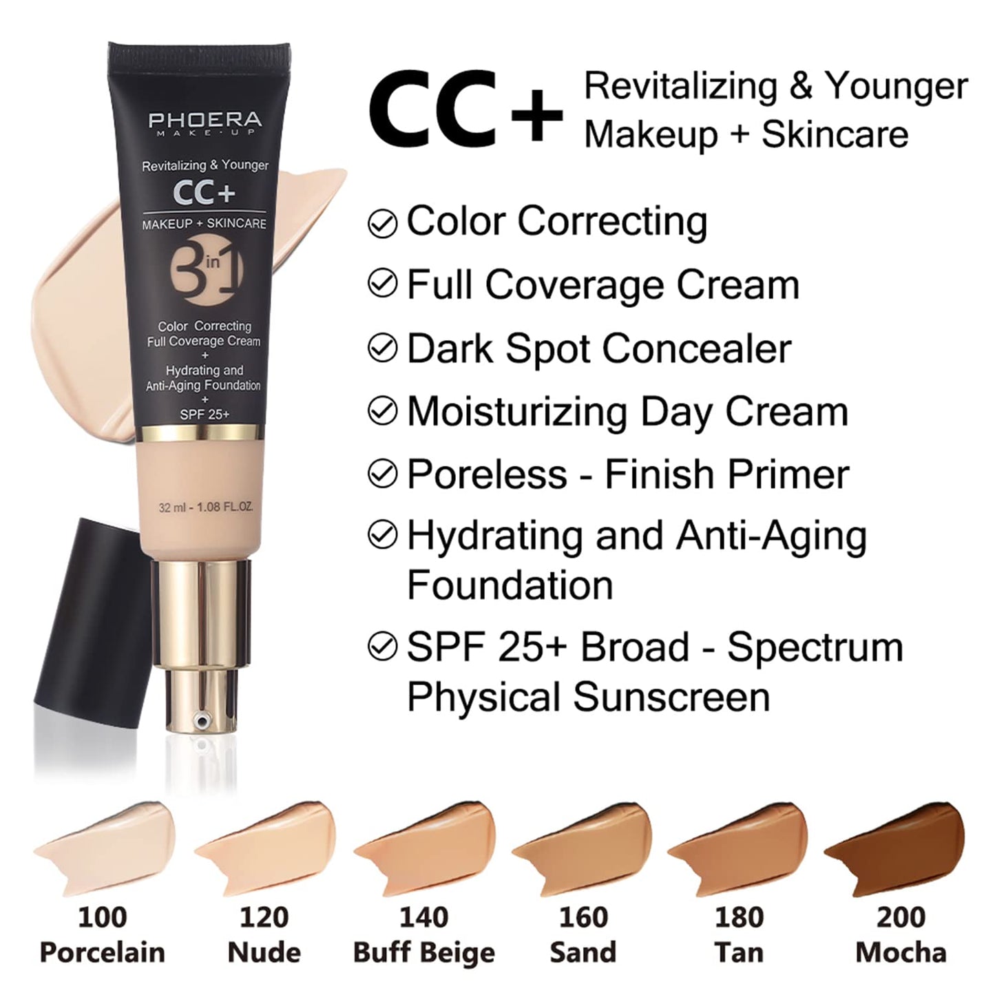 PHOERA Foundation,PHOERA CC+ Cream Color Correcting Anti Aging Hydrating Serum &SPF 25+,3 Pcs Cream Contour Stick Makeup Kit, Shades with Highlighter Stick, Blush Stick and Bronzer Contour Stick