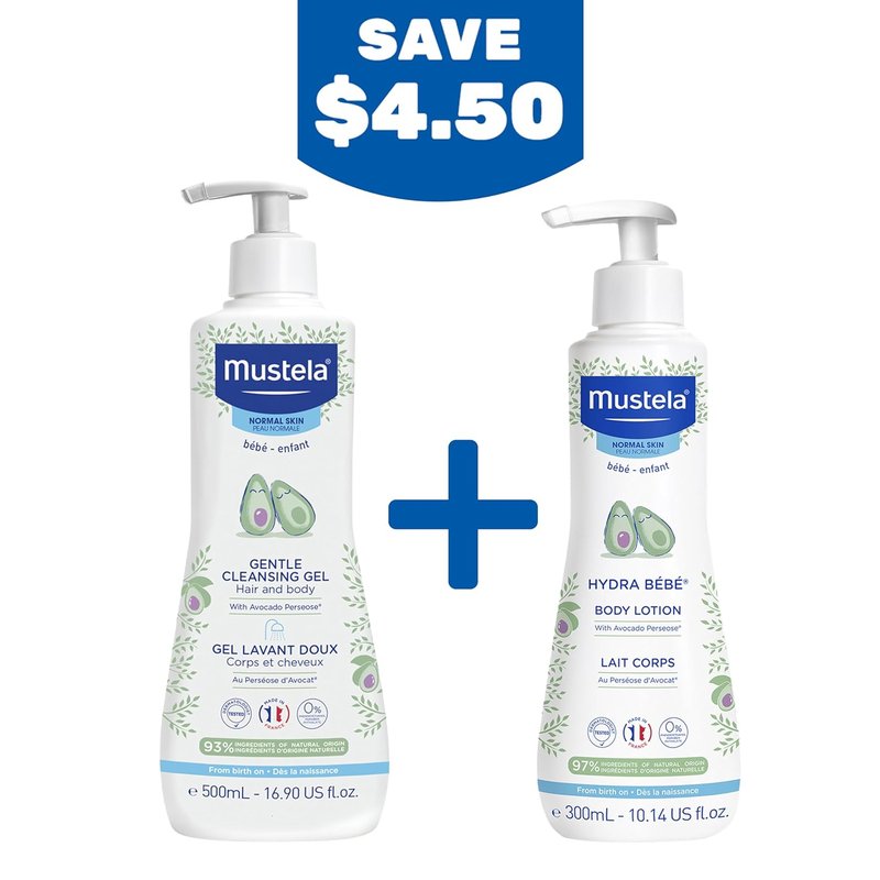 Mustela Baby Bath Time Gift Set | Natural Avocado Skin Care Essentials - Hydra Bebe Lotion & Gentle Cleansing Gel - 2 Items
