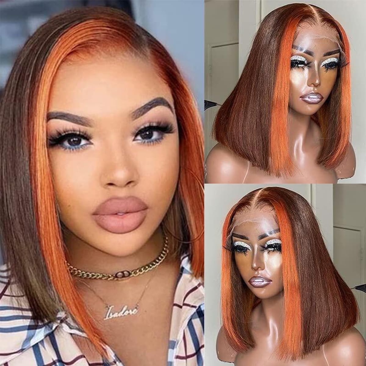 Goldfinch Ginger Orange Highlight Skunk Stripe Short Bob Wigs Human Hair Chocolate Brown Straight Bob Wigs Ombre 13x4 HD Lace Frontal Wigs Brazilian Virgin 150% Density Pre Plucked 8 Inch
