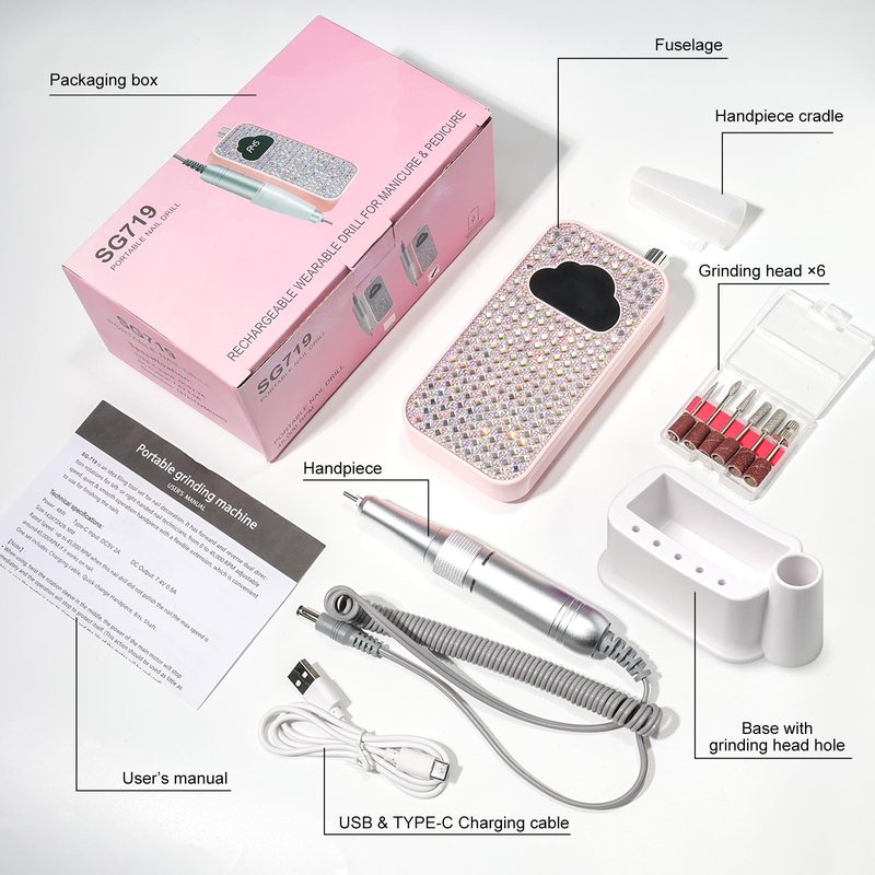 LIMEGIRL Professional Electric Nail File Drill Bits Kit 45000RPM for Acrylic Toenail Machine Clippers with 14 Drill Bit Gradient Pink Glitter Portable Rechargeable Cordless