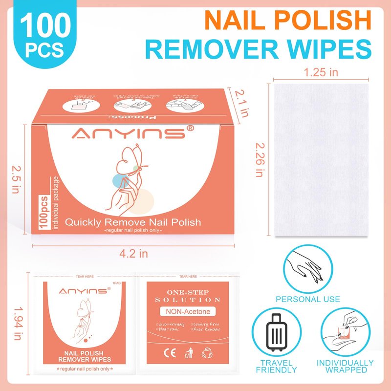 ANYINS Nail Polish Remover Pads，100PCS Nail Polish Remover Wipes Non-Toxic Fast Remove with Nutrition Oil Individually Wrapped Professional Nail Salon and Home & Travel Use