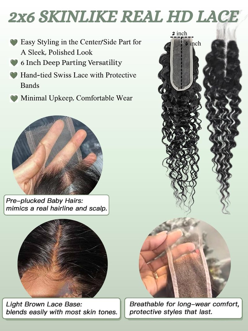 2x6 HD Lace Closure Loose Deep Wave Human Hair 14 Inch - 0.10mm Ultra-thin Invisible Burmese Curly 2 by 6 Closure, 100% Pre Plucked Brazilian Raw Virgin Hair Skinlike HD Lace Closure Wet and Wavy