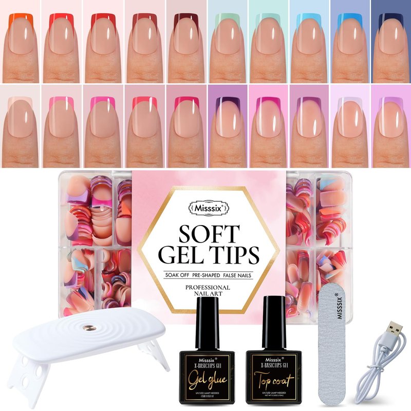 French Tip Press On Nails - 600 Pcs Short Square Gel Nail Tips | 20 Colors Starter Kit with UV Lamp & Gel Glue