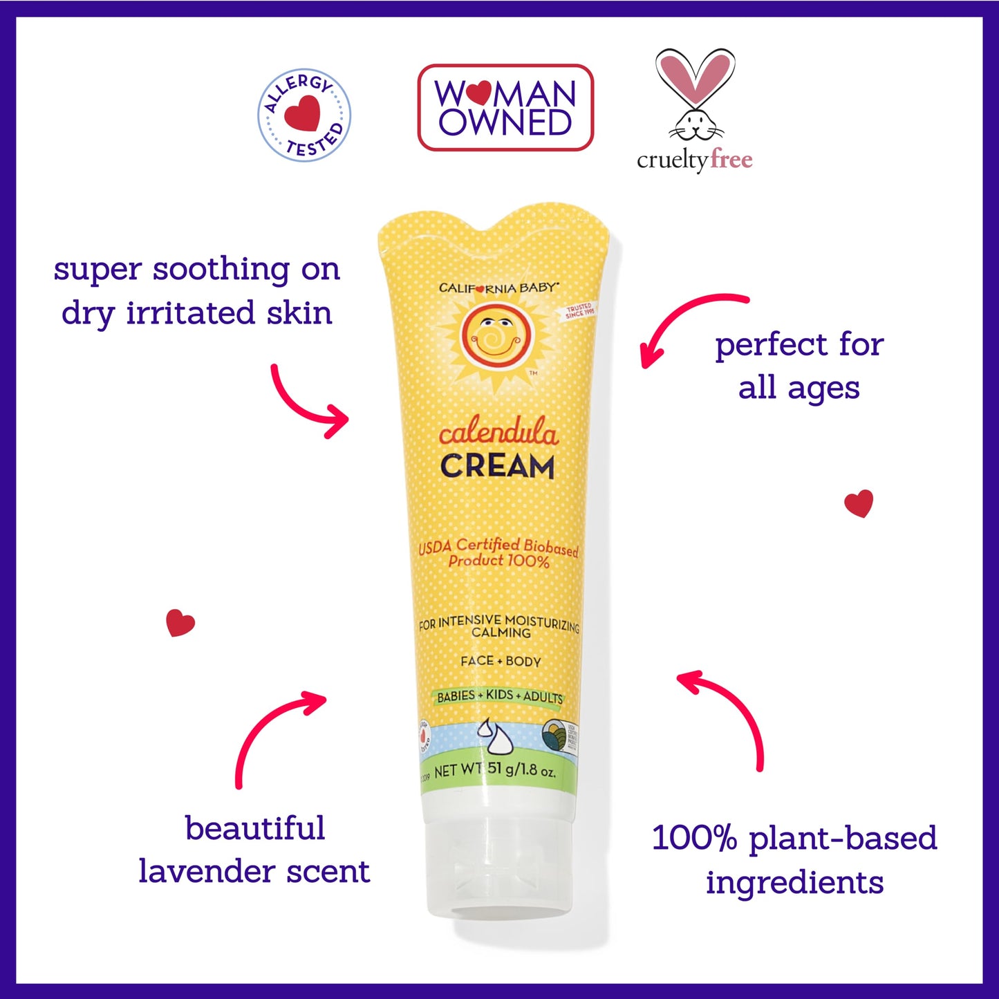 California Baby Calendula Cream | 100% Plant-Based Moisturizer | Lavender Baby Lotion | Face Moisturizer For Dry Skin | Hypoallergenic | 1.8 oz / 51g