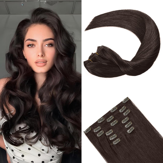 FoxFace Clip in Hair Extensions Real Human Hair, Thick Extensions from Root to Tip, Natural Hair Clip Ins, Dark Brown, 14 Inch 120g 7Pcs