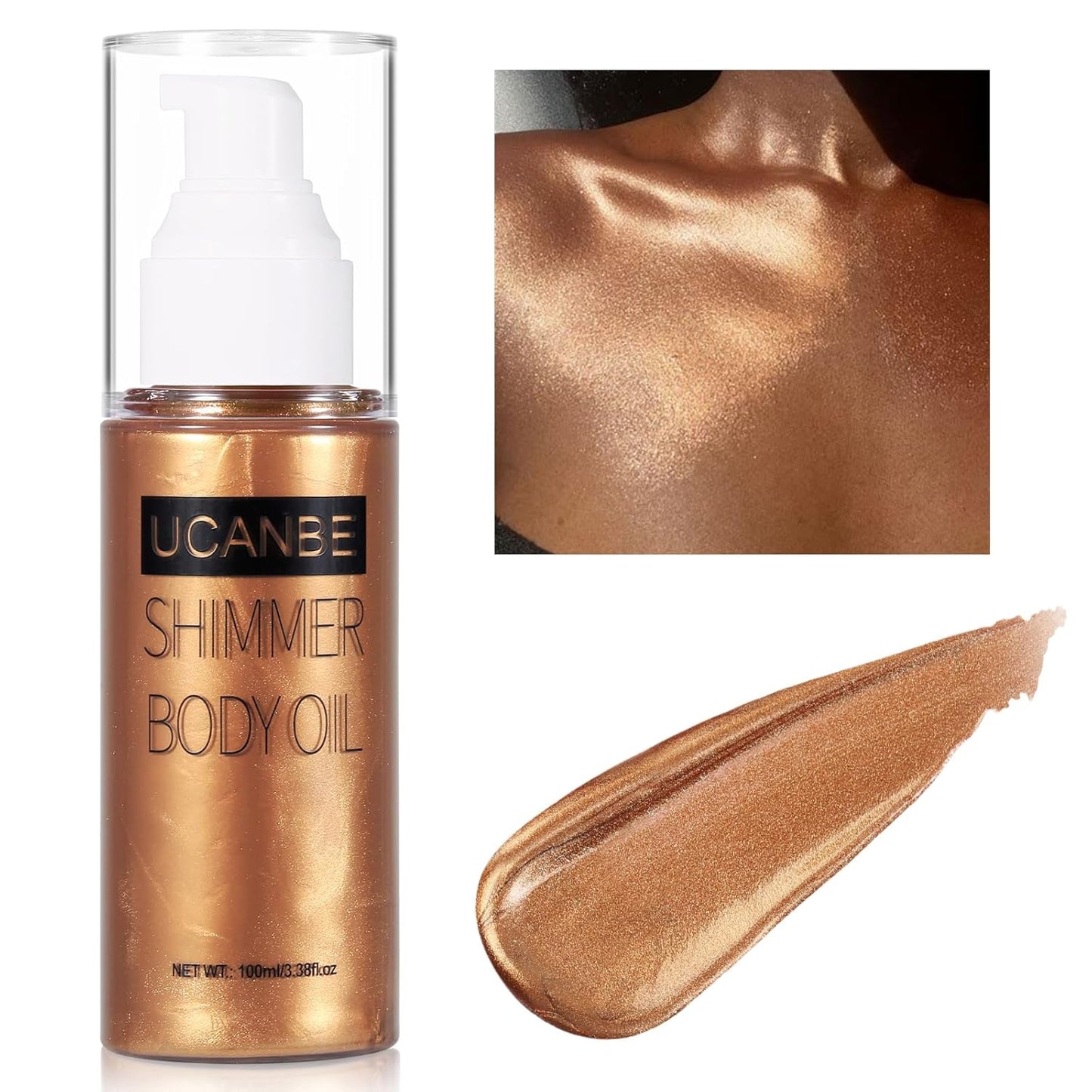 UCANBE Body Shimmer Oil - Moisturizing Glitter Illuminator for Glowing Skin | 100ml Bronze Gold