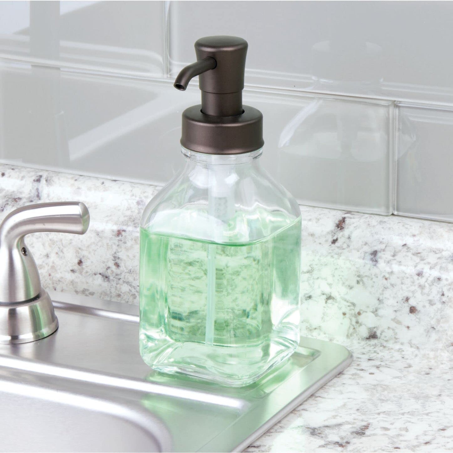 mDesign Square Glass Refillable Liquid Soap Dispenser Pump Bottle for Bathroom Vanity Countertop, Kitchen Sink - Holds Hand Soap, Dish Soap, Hand Sanitizer, Essential Oils - 2 Pack - Clear/Bronze