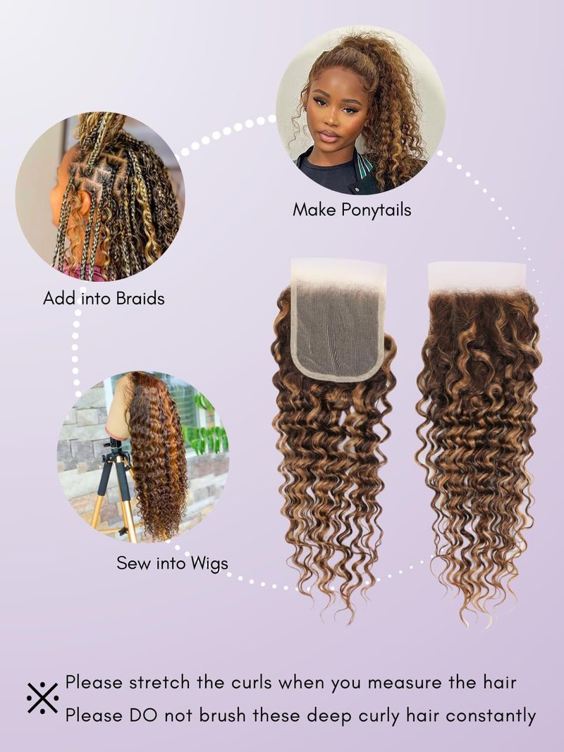 AUROO Honey Blonde Highlight Deep Wave Closure Only Human Hair, 100% Hand Tied 12A Brazilian Virgin 4x4 HD Transparent Lace Closure Pre Plucked P4/27 Ombre Brown Curly Lace Closure Sew In Remy 14 Inch