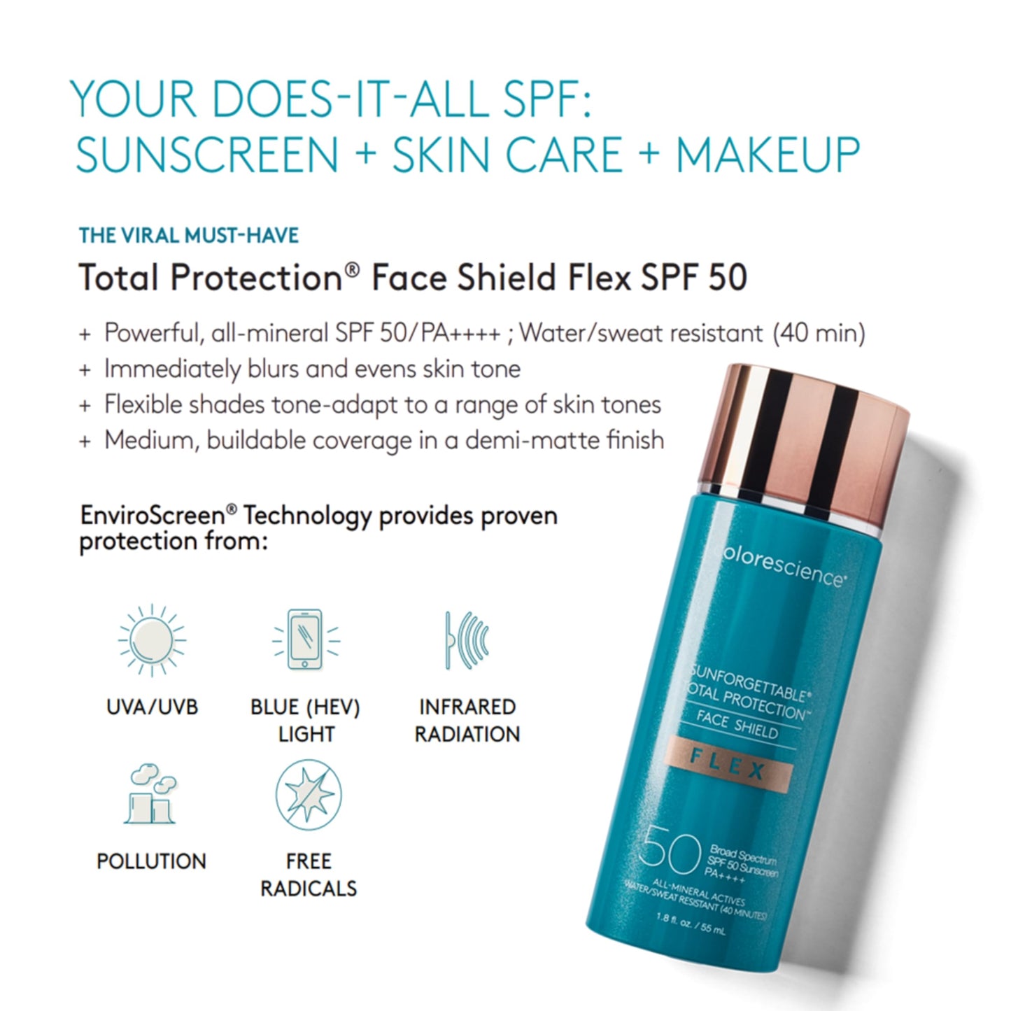 Colorescience FLEX Tinted Mineral Sunscreen SPF 50, Tone-Adapting Buildable Coverage with Zinc Oxide, Environmental Defense Against Blue Light & Pollution, For All Skin Tones, 1.8 fl. oz., Deep