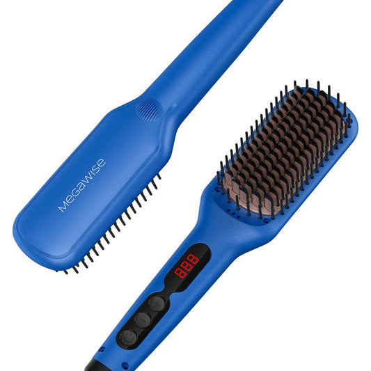 MEGAWISE Pro Ceramic Ionic Hair Straightener Brush for Home Salon, Straightening Hair Brush with 20s Heating Tech, Auto-Off, Anti-Scald with Universal Dual Voltage,Rotatable Power Cord, Gentian Blue