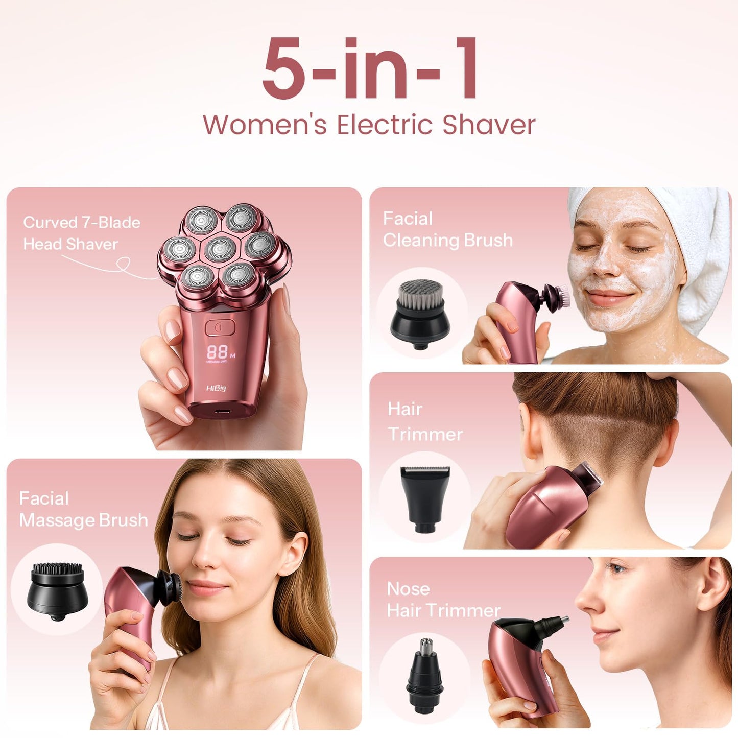 Electric Razors for Women Legs: 5-in-1 Rechargeable Body Shaver, 7D Wet & Dry Bikini Trimmer, IPX7 Waterproof Lady Hair Remover for Face Underarms Pubic, Rose Pink